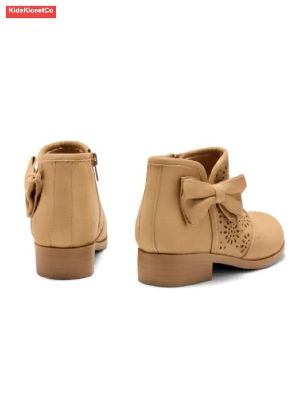 Girls Ankle Boots Faux Suede Bow Chunky Low Heel Side Zipper Dress Booties